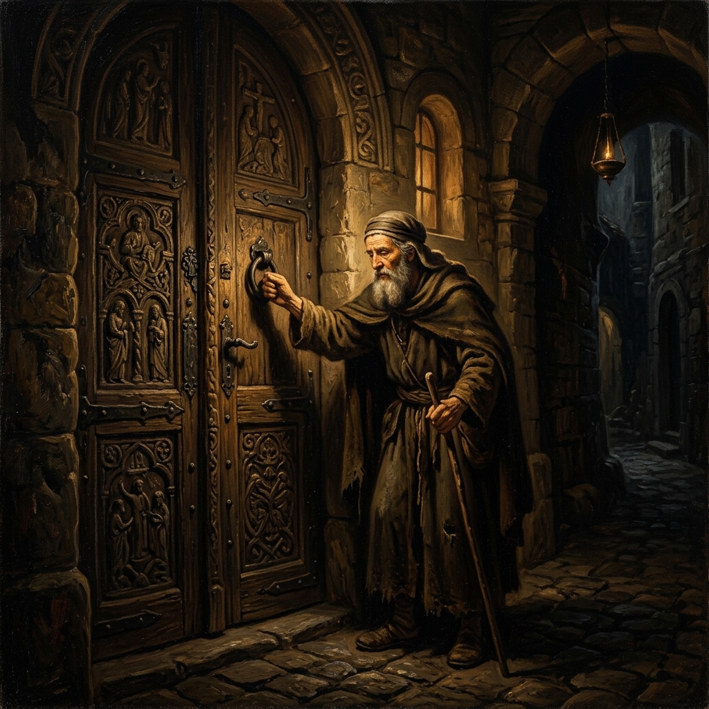 A classic oil painting of a humble biblical figure knocking on a massive ancient wooden door