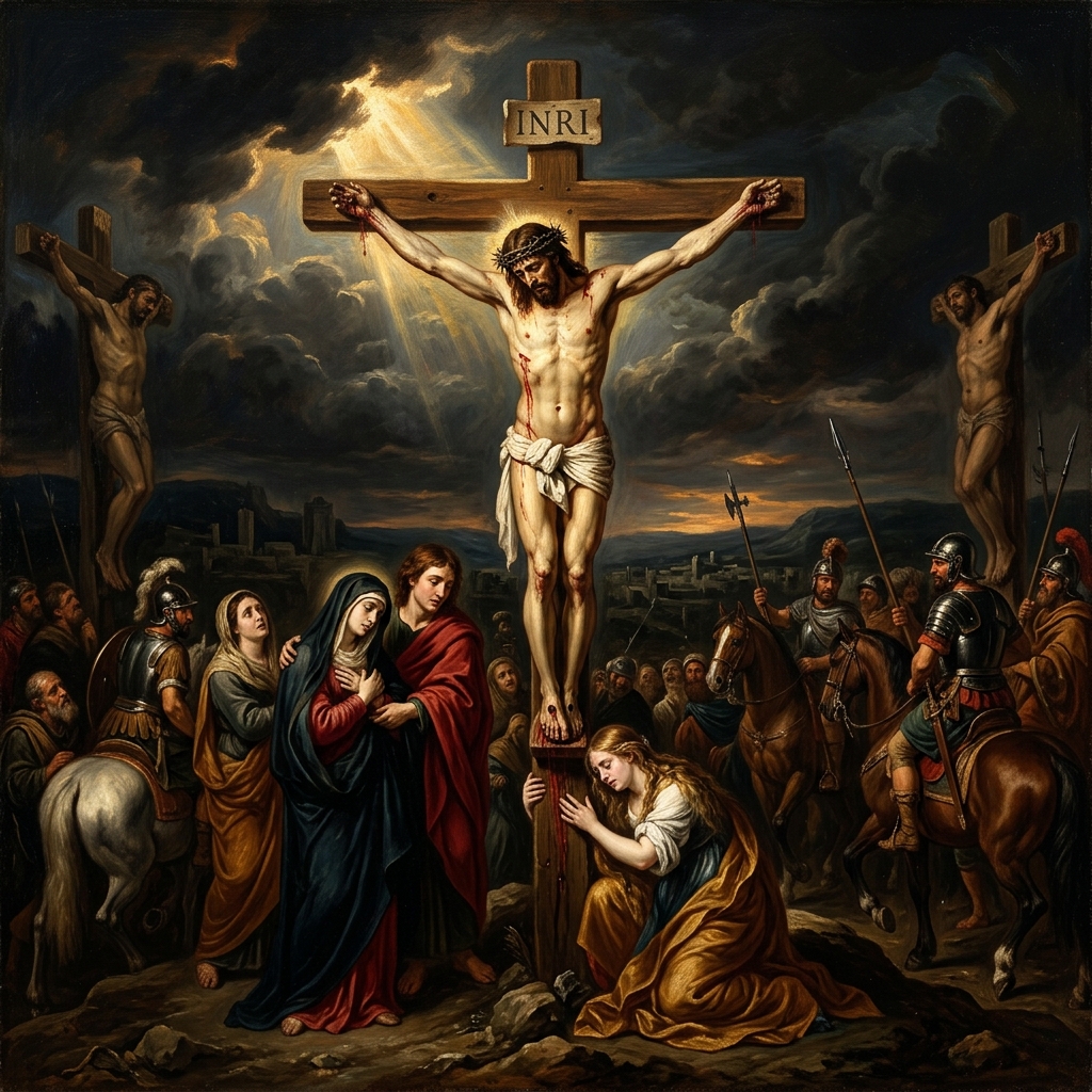 A dramatic oil painting of the crucifixion of Jesus Christ.