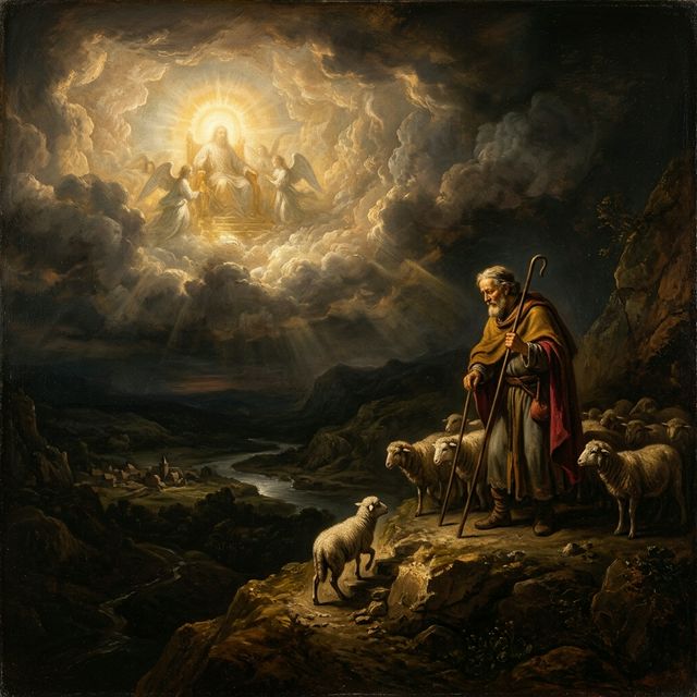 A shepherd waiting for a lost sheep under a luminous heavenly throne