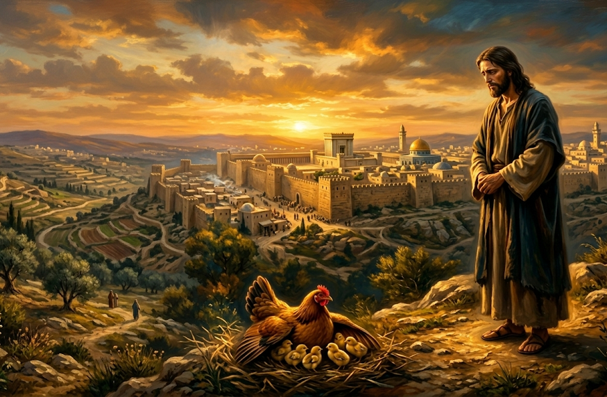 Jesus lamenting Jerusalem, with a symbolic hen gathering her chicks.