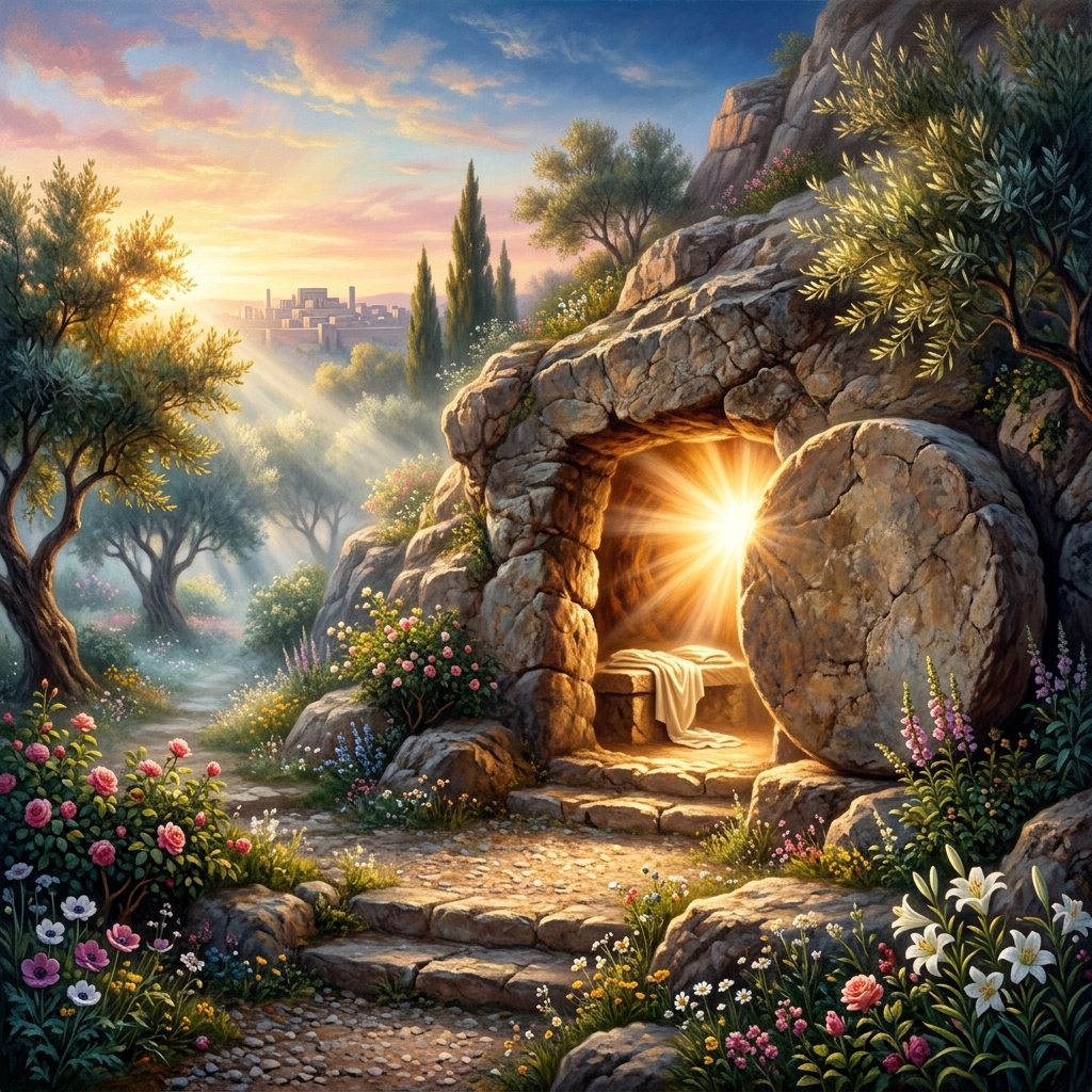 A magnificent oil painting of the empty tomb of Jesus at dawn with radiating light.
